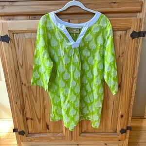 Rock Flower Paper Top Tunic 100% Cotton Sheer 3/4 Sleeves Green White L/XL